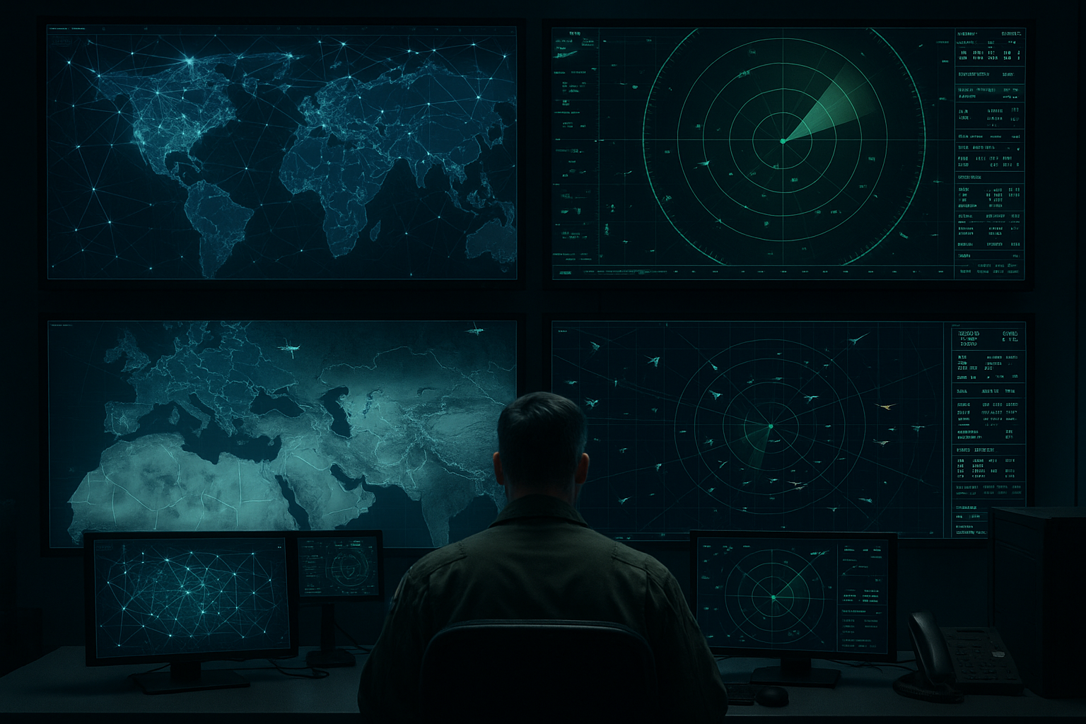Indian defence personnel monitoring global networks and radar