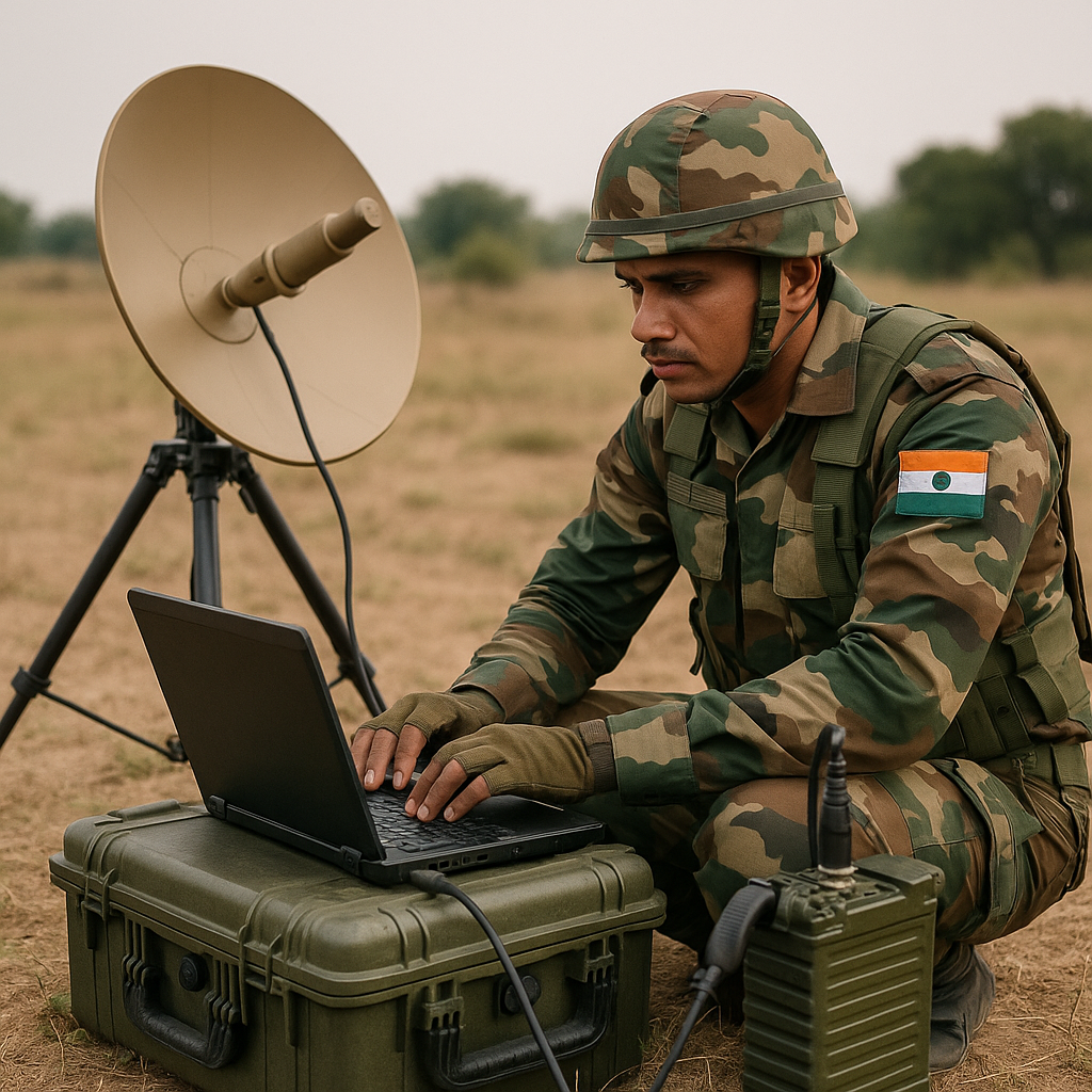 Indian Army soldier using SATCOM terminal in the field